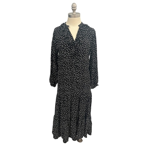 Zara Polka Dot Midi Dress Button Front Loose Flowy Black White Long Sleeves - Picture 2 of 9